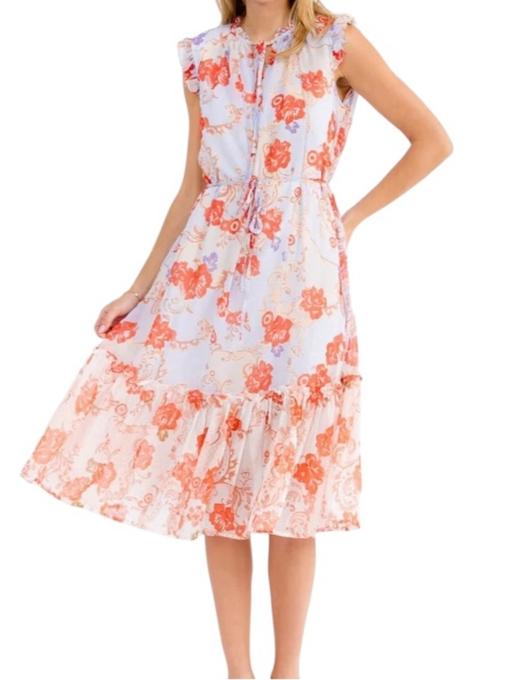 Ina Floral Chiffon Lined Ruffle Middy Dress Blue/Coral - Picture 3 of 4